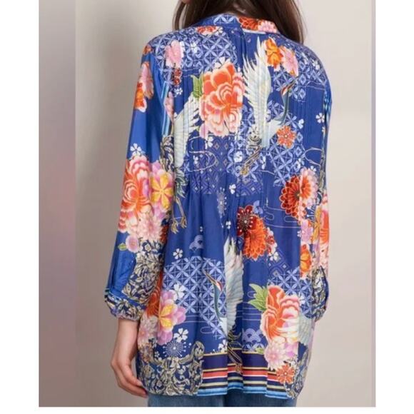 JOHNNY WAS Blue Pajaro Coddi 100% Silk Blue Floral Tunic Boho Top Women's LARGE - Picture 2 of 14